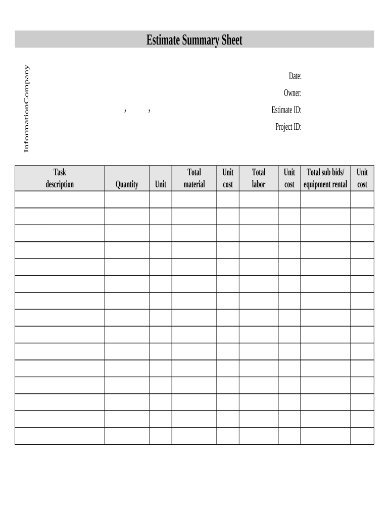 Contractor's Summary of an Estimate  Form