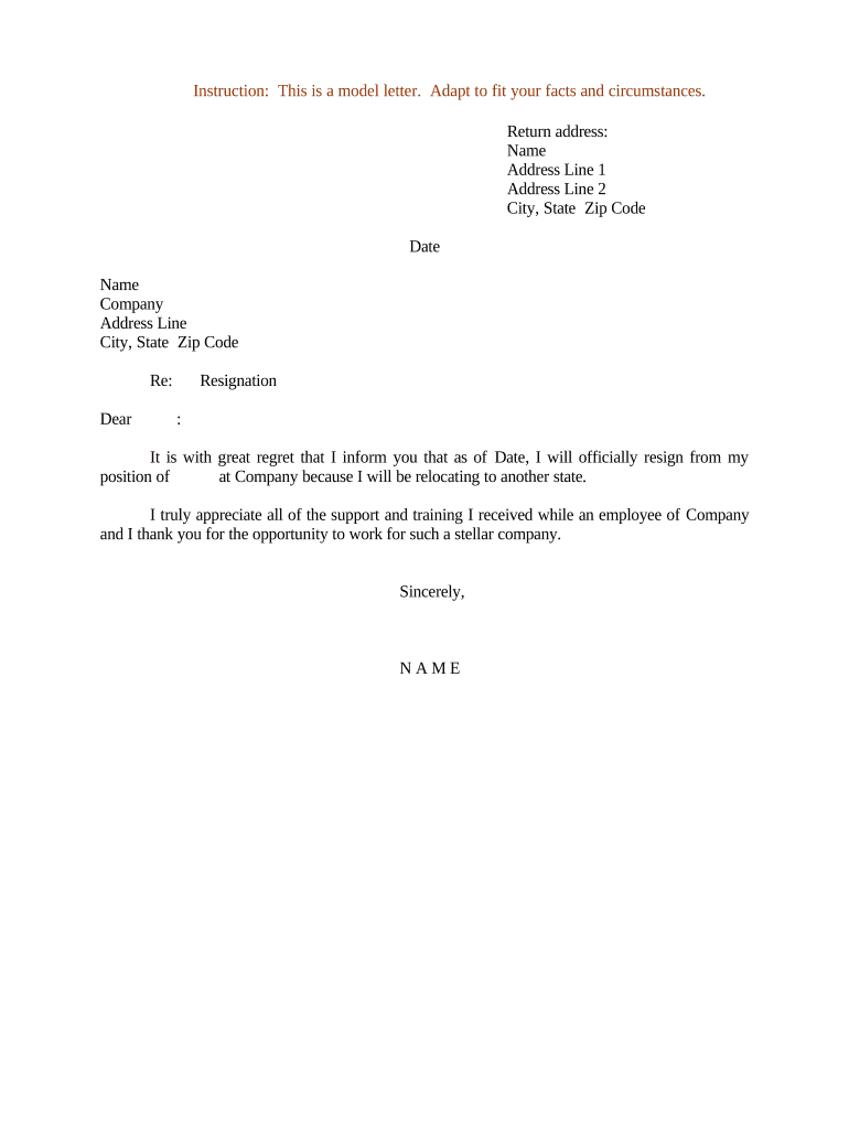 Sample Letter for Resignation Relocation  Form