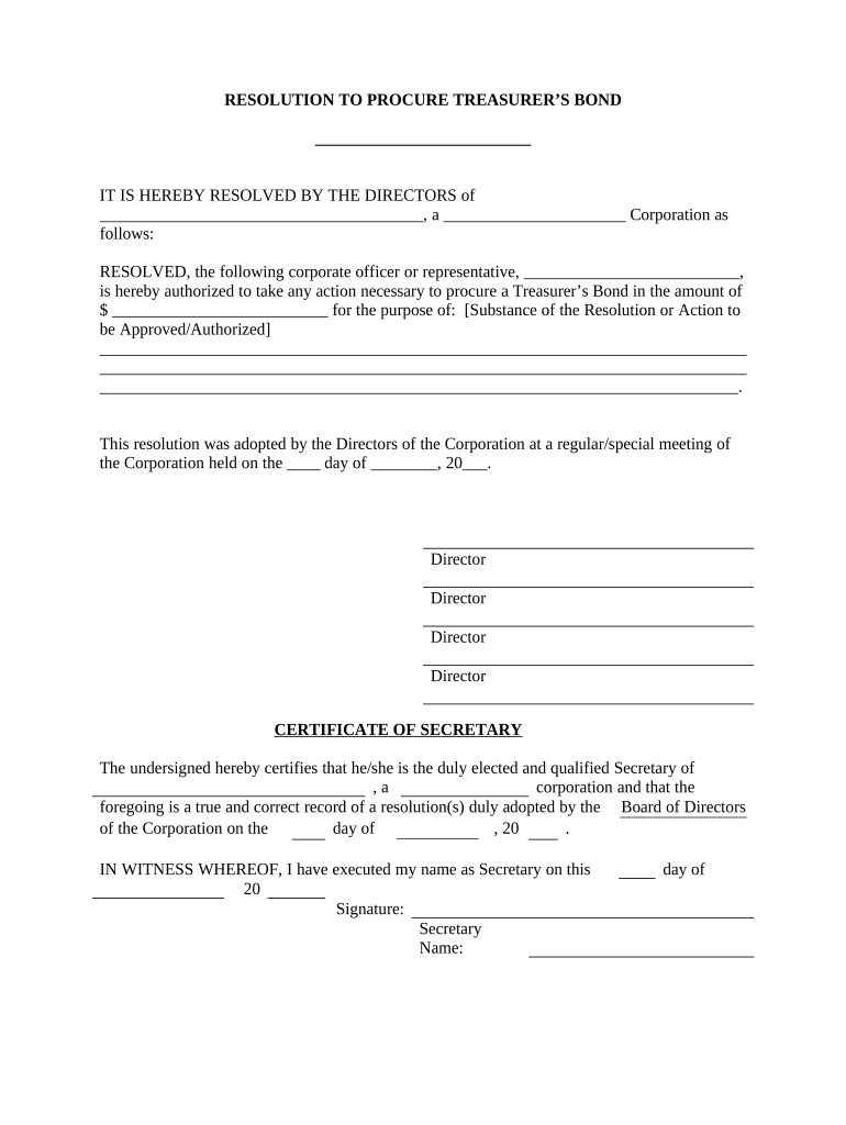 Procure Treasurers Bond Resolution Form Corporate Resolutions