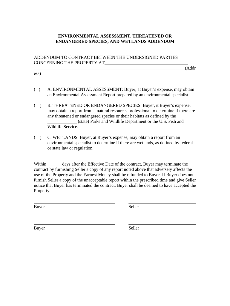 Environmental Assessment, Threatened or Endangered Species, and Wetlands Addendum  Form