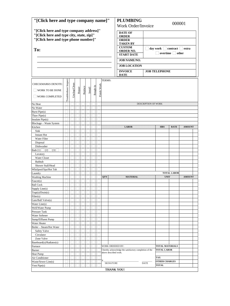 Plumber's Work Order Invoice  Form
