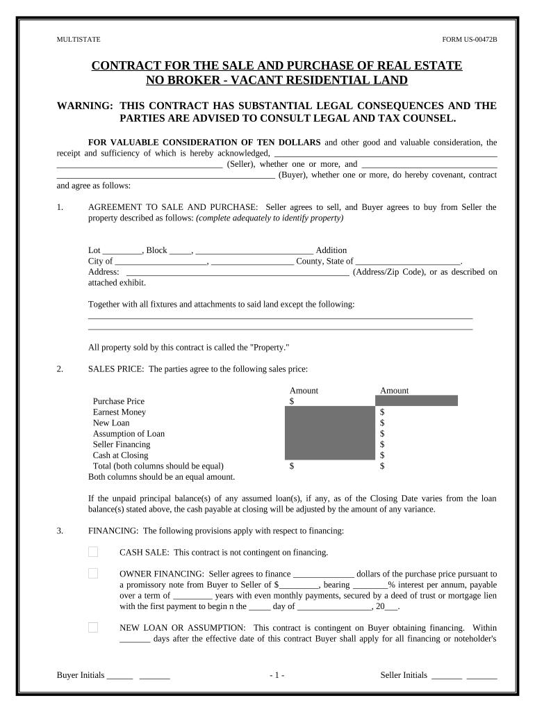 Contract for the Sale and Purchase of Real Estate No Broker Residential Lot or Land  Form