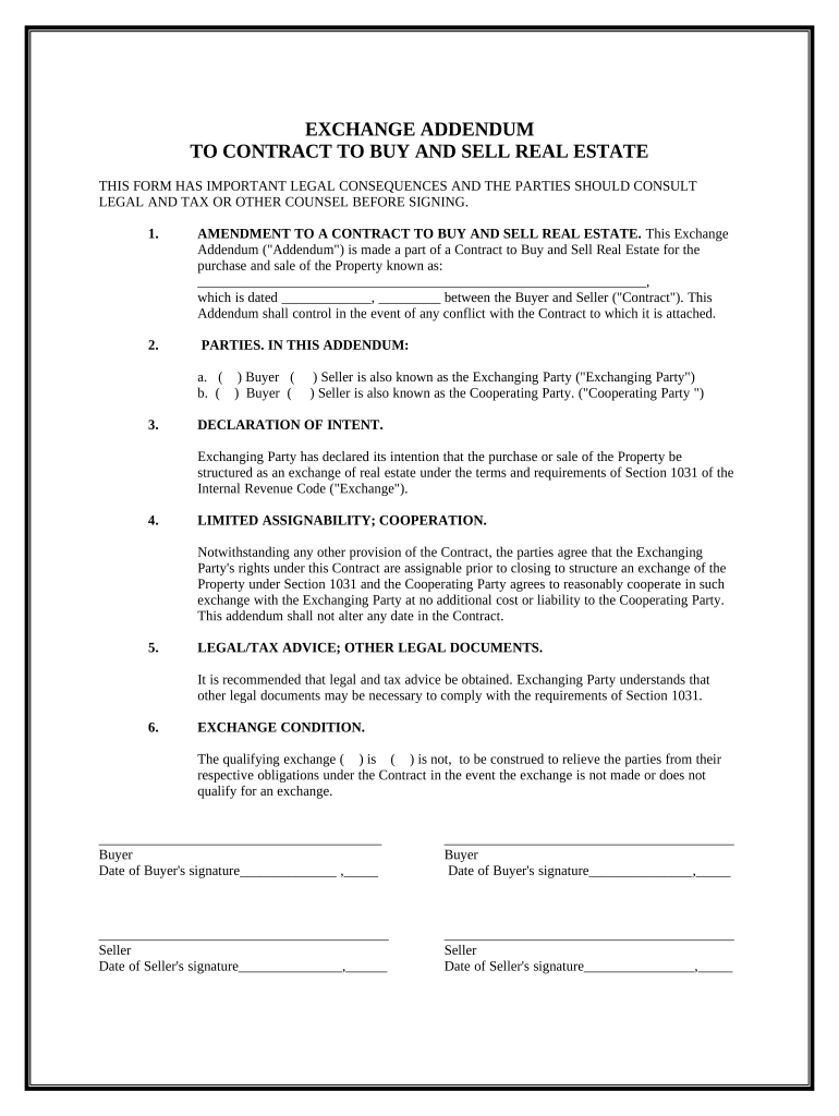 Exchange Addendum to Contract Tax Exchange Section 1031  Form