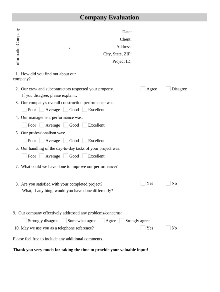 Construction Company Evaluation by a Customer  Form