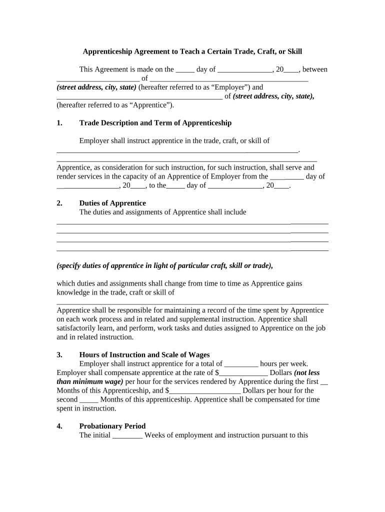 Apprenticeship Agreement to Teach a Certain Trade, Craft, or Skill  Form