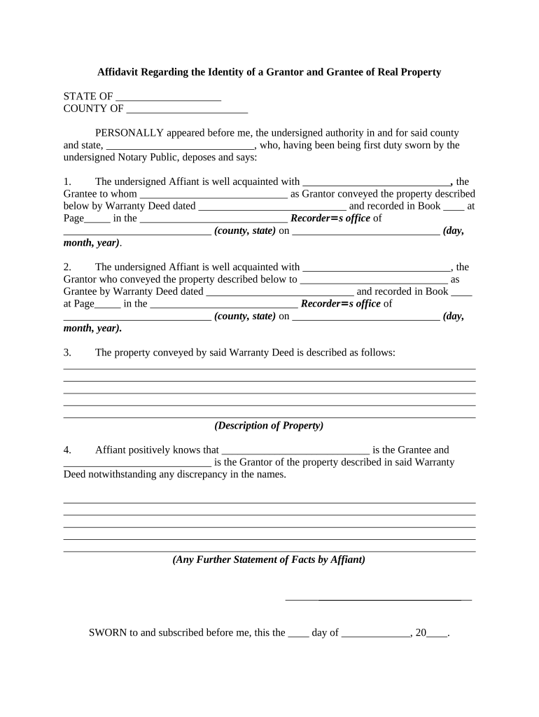 Affidavit Regarding the Identity of a Grantor and Grantee of Real Property  Form