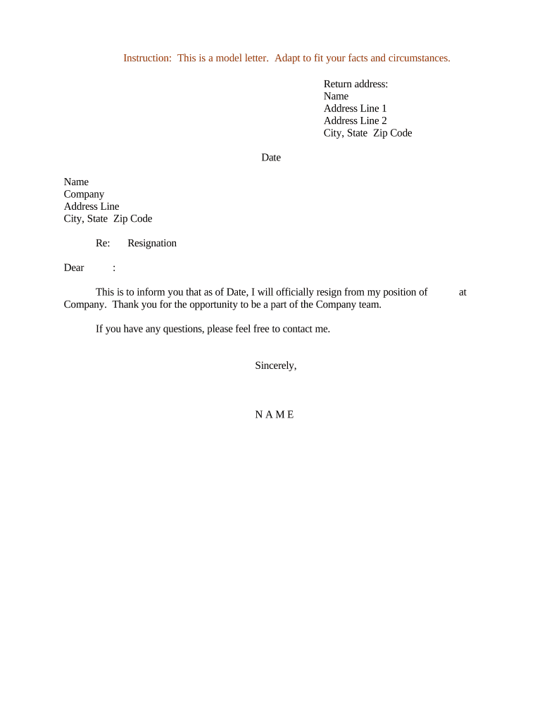 Sample Letter for Resignation General  Form