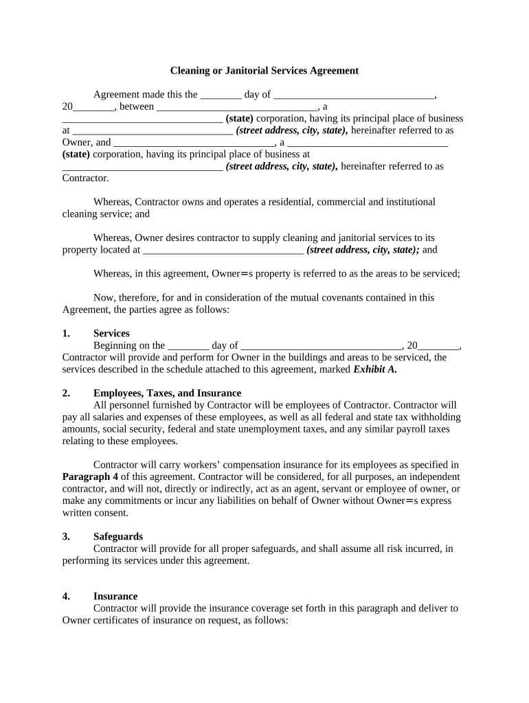 Cleaning or Janitorial Services Agreement  Form
