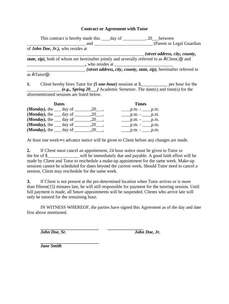 Contract or Agreement with Tutor  Form