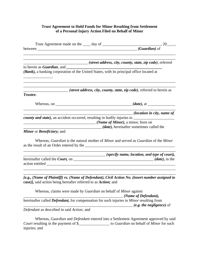 Trust Agreement to Hold Funds for Minor Resulting from Settlement of a Personal Injury Action Filed on Behalf of Minor  Form