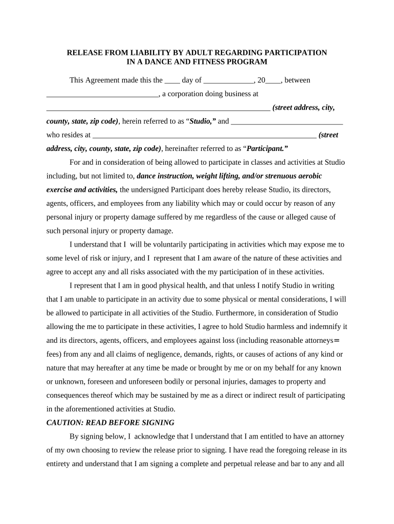 Release from Personal Injury Liability by Adult Regarding Participation in a Dance and Fitness Program or School Personal Traine  Form