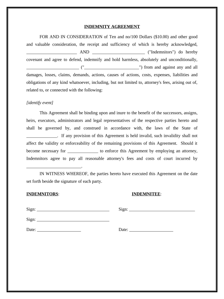 Indemnity Agreement for  Form