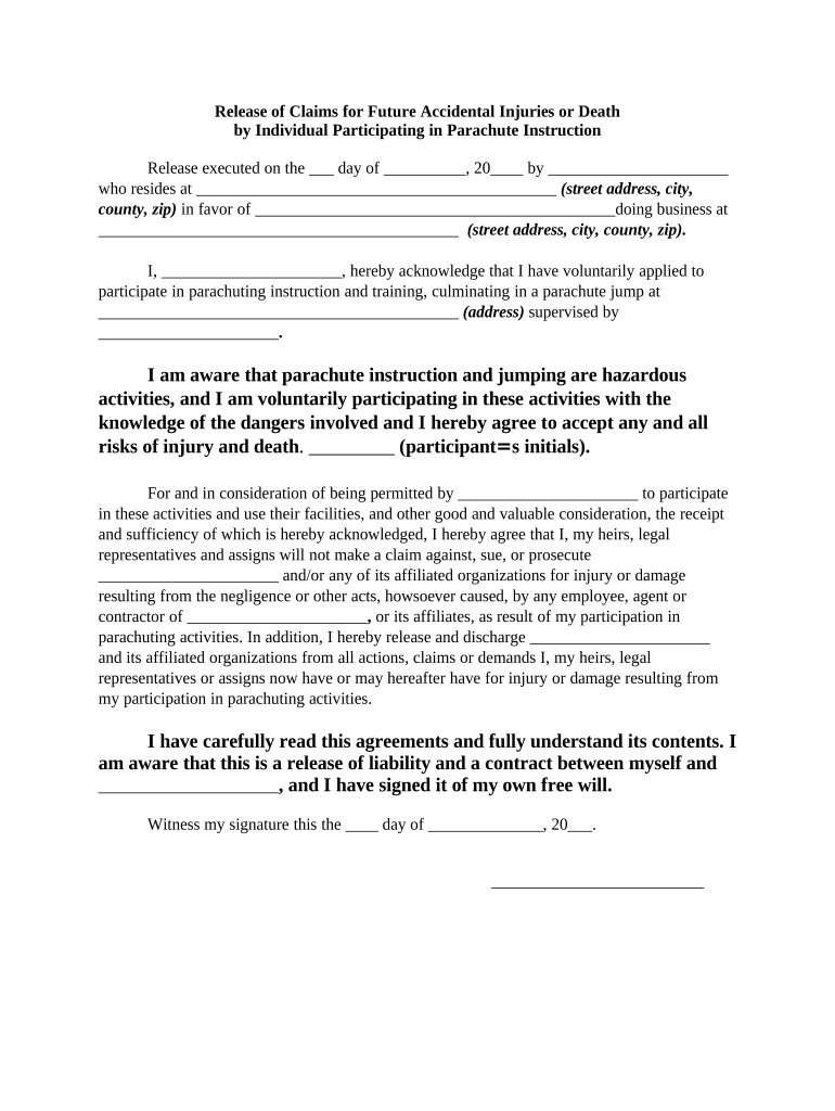 Release of Claims for Future Accidental Personal Injuries or Death by Individual Participating in Parachute Instruction  Form