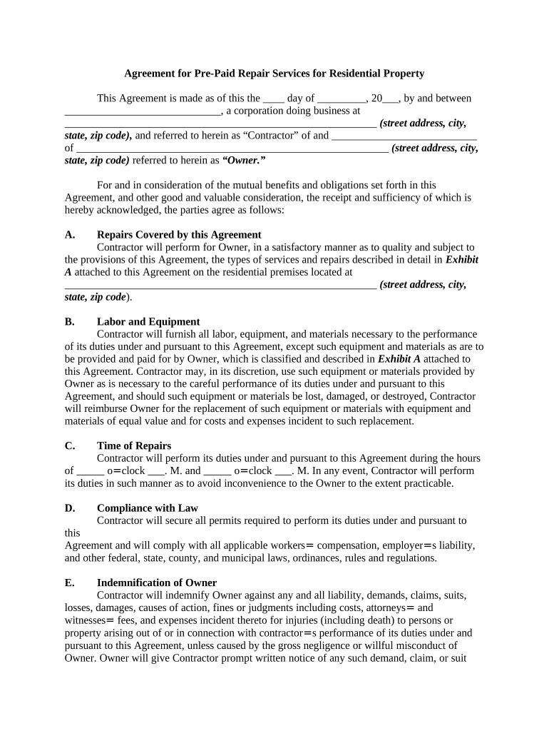 Agreement Repair  Form