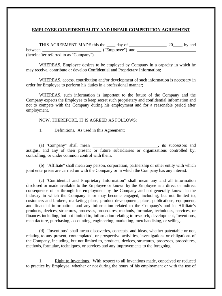 Confidentiality Agreements Noncompetition in Employment  Form