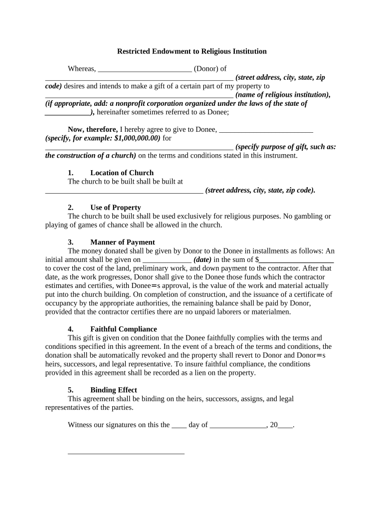 Restricted Endowment to Religious Institution  Form