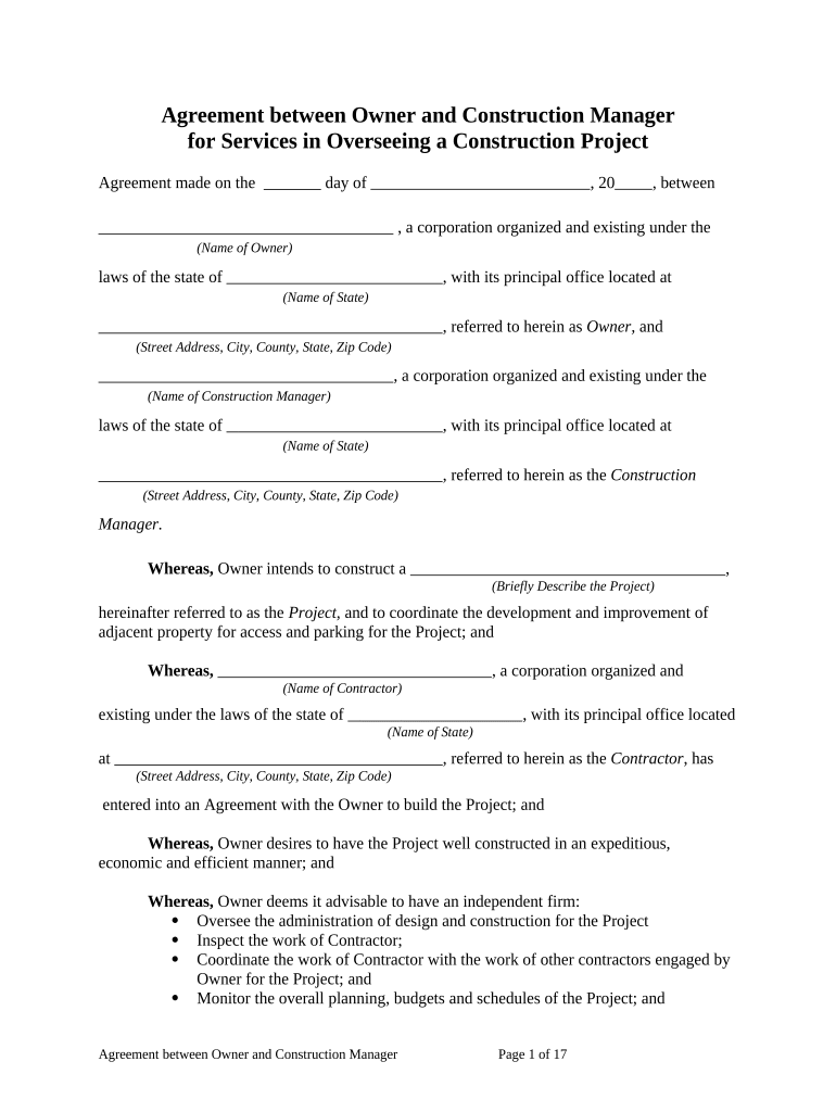 Agreement between Owner and Construction Manager for Services in Overseeing a Construction Project  Form