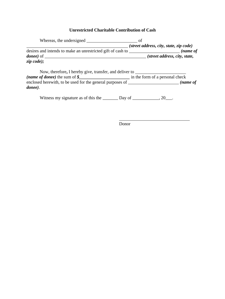 Unrestricted Charitable Contribution of Cash  Form