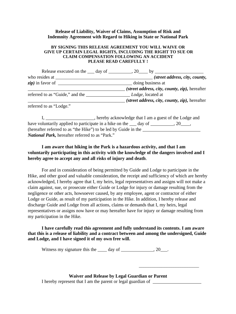 Release of Liability, Waiver of Claims and Personal Injury, Assumption of Risk and Indemnity Agreement with Regard to Hiking in   Form