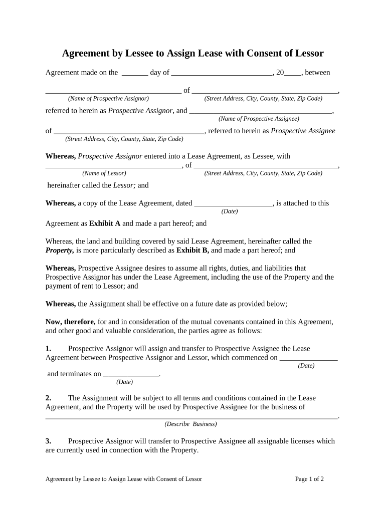 Agreement by Lessee to Assign Lease with Consent of Lessor  Form