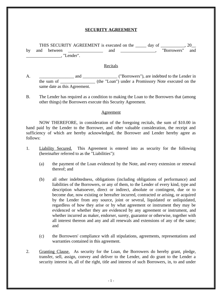 Security Agreement for Promissory Note  Form