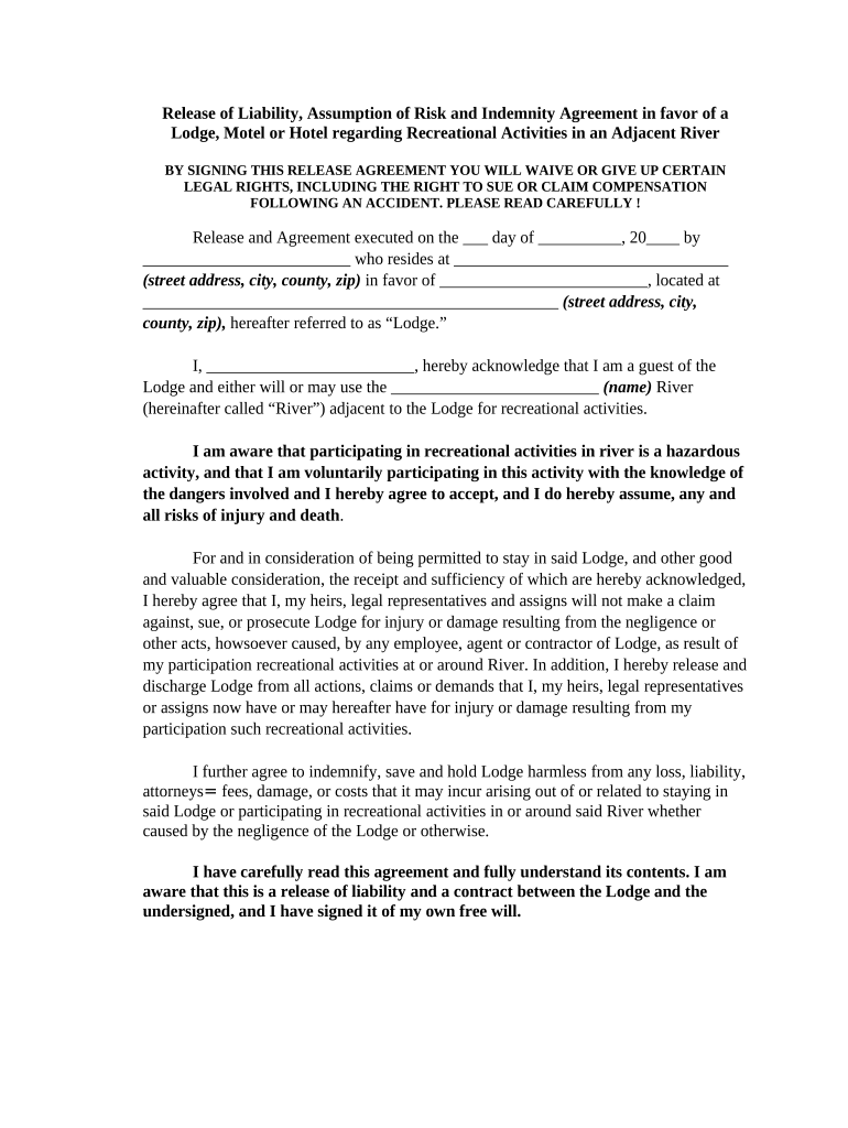 Release, Waiver of Liability, Assumption of Risk and Indemnity Agreement in Favor of a Lodge, Motel or Hotel Regarding Recreatio  Form