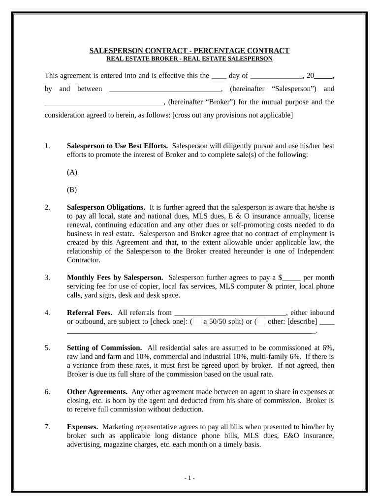 Salesperson Contract Percentage Contract Asset Purchase Transaction  Form