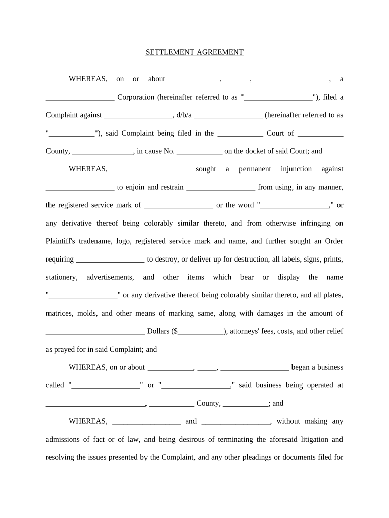 Settlement Agreement Tradename  Form