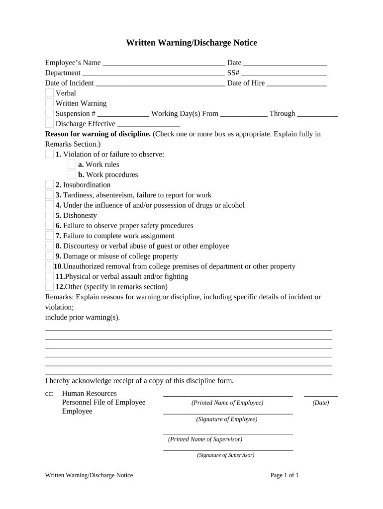 Written WarningDischarge Notice  Form