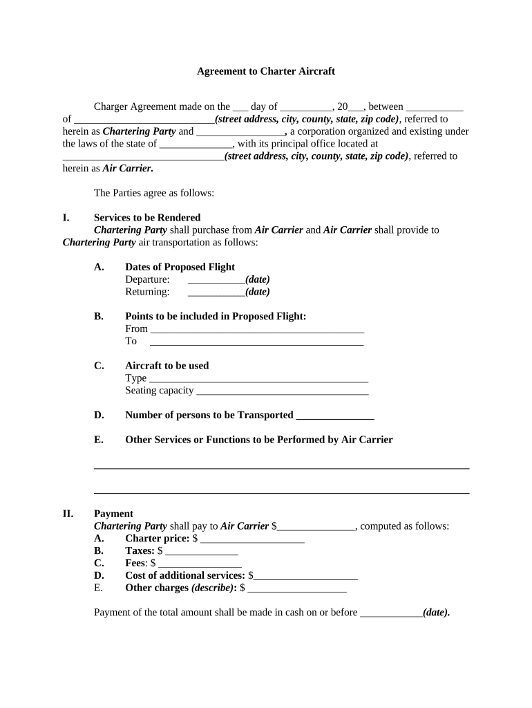 Aircraft Charter Agreement  Form