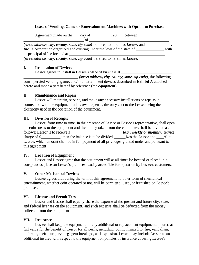 Lease or Rental Agreement of Vending, Game or Entertainment Machines with Option to Purchase and Own Lease or Rent to Own  Form