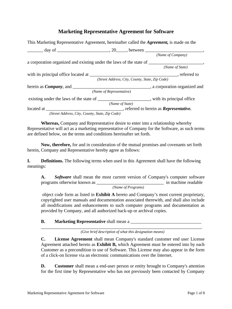 Marketing Representative Agreement for Software  Form