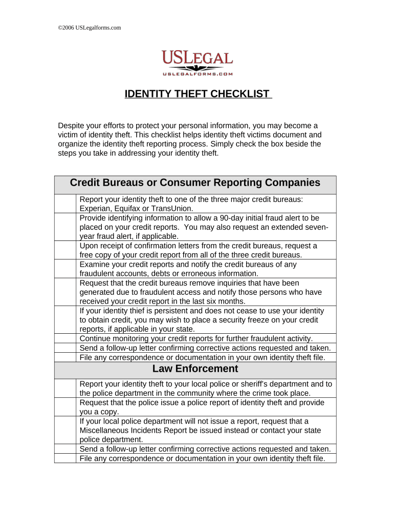 Identity Theft Checklist  Form