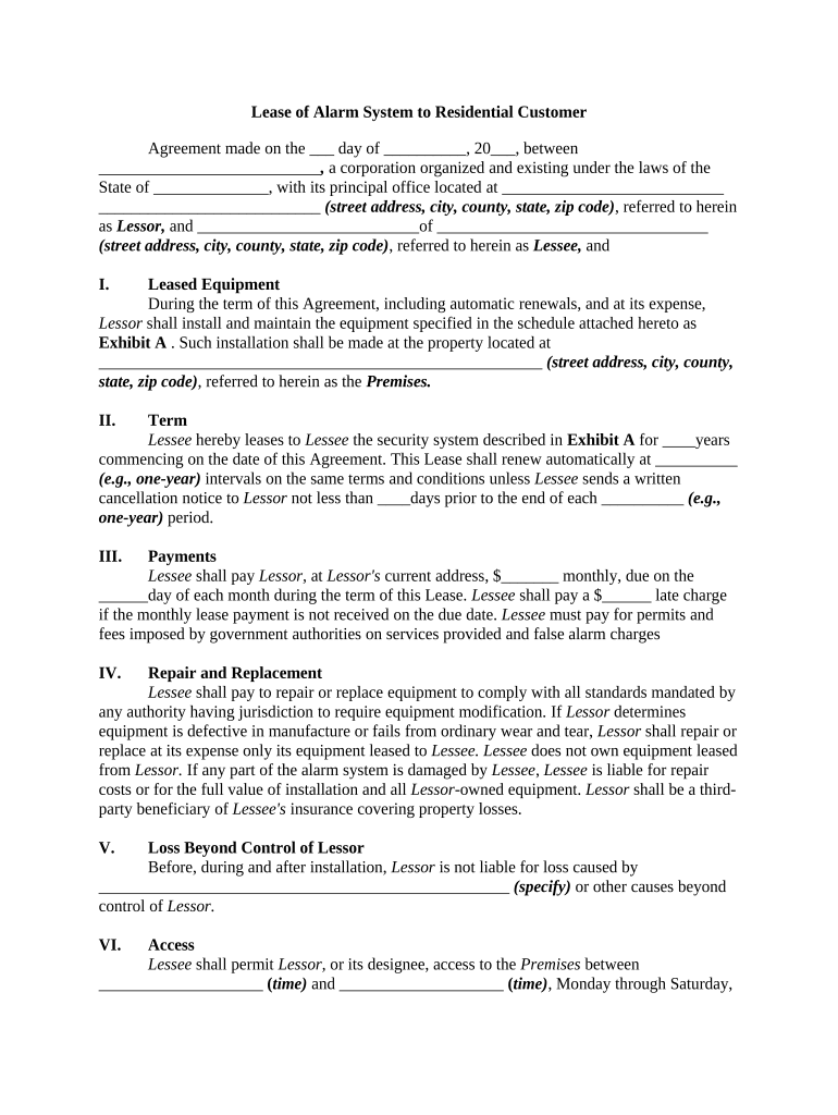 Lease of Alarm System to Residential Customer  Form