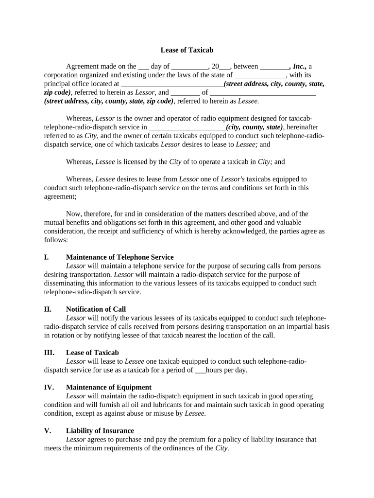 Lease Taxicab  Form