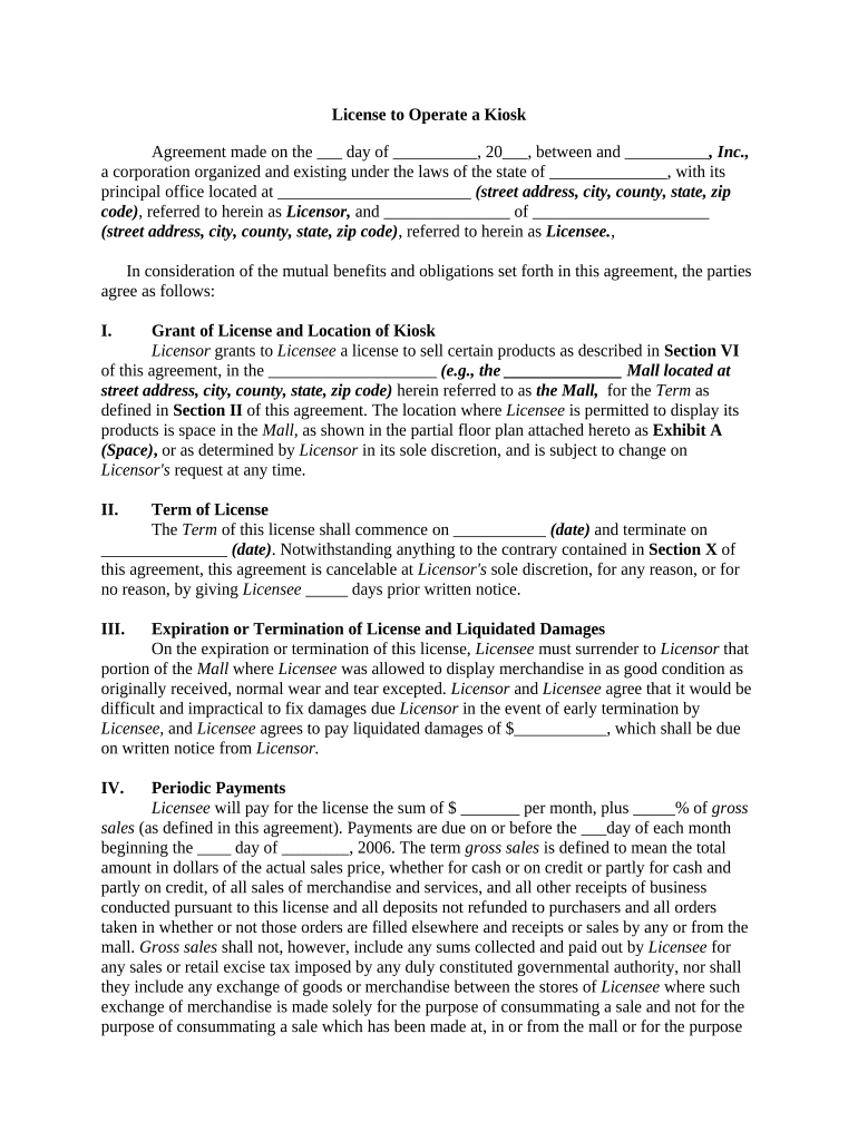 License to Operate a Kiosk Booth Rentals or Renters for Vending, Farmers Markets or Flea Markets  Form