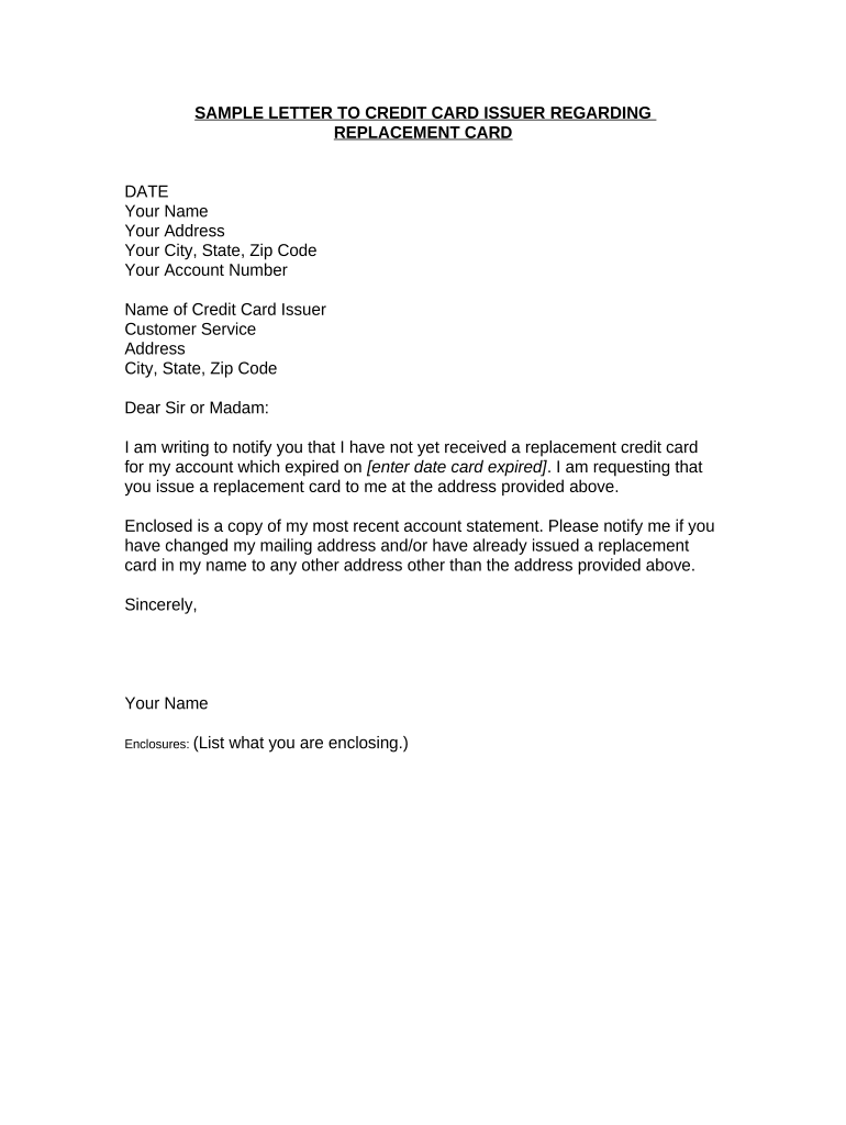 Sample Letter to Credit Card Issuer Regarding Replacement Card  Form