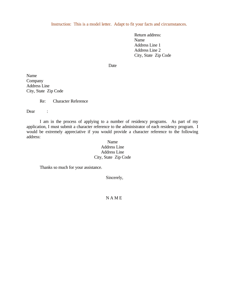 Sample Character Reference Letter  Form