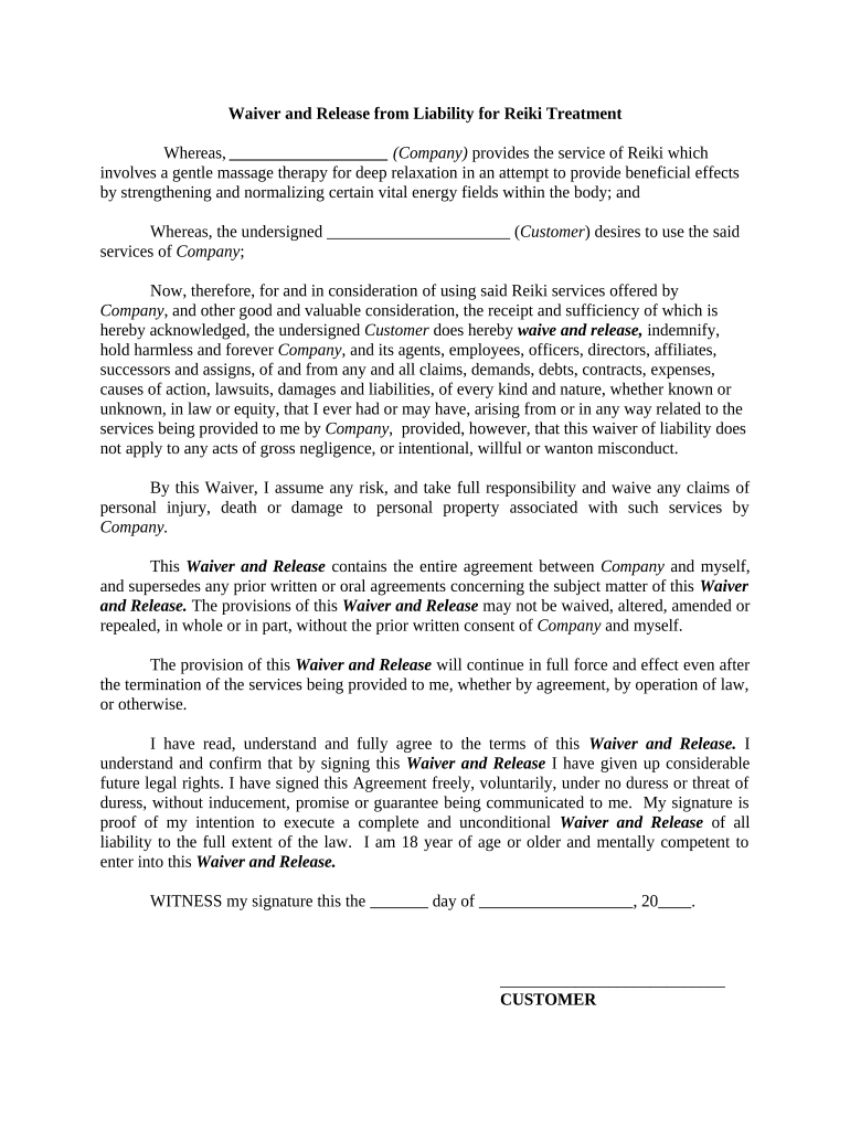 Waiver and Release from Liability for Reiki Treatment  Form