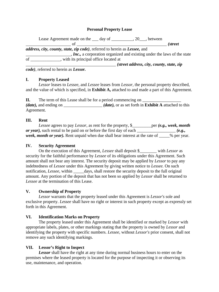 Personal Property Lease Agreement  Form