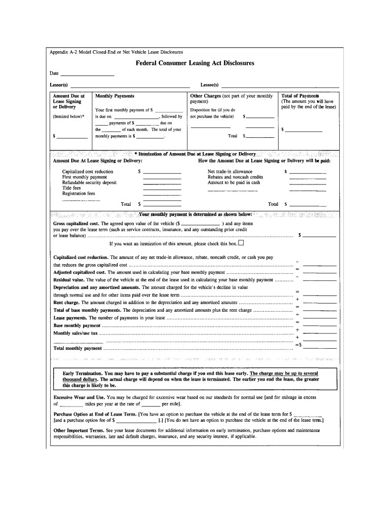 Model Closed End or Net Vehicle Lease Disclosures Federal Consumer Leasing Act Disclosures  Form