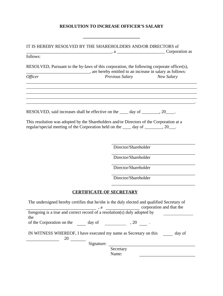 Increase Officers Salary Resolution Form Corporate Resolutions