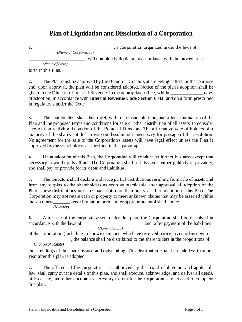 Plan of Liquidation and Dissolution of a Corporation  Form