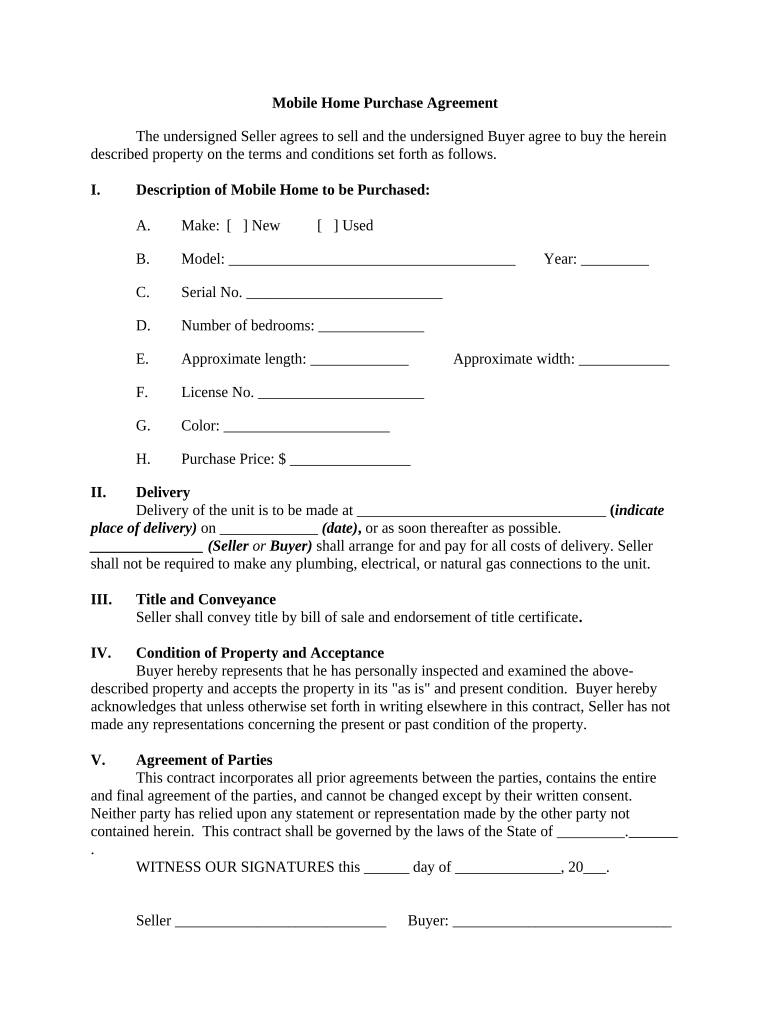Mobile Home Purchase Agreement  Form