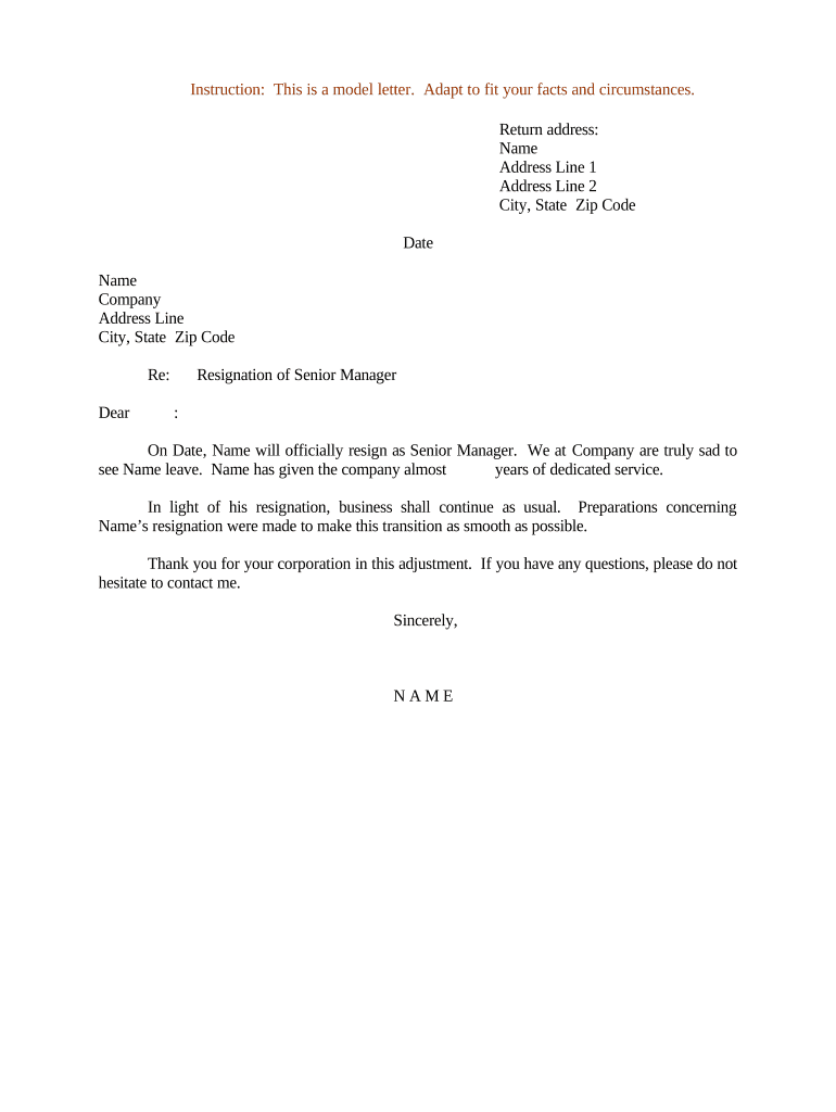 Sample Letter for Resignation of Senior Manager  Form