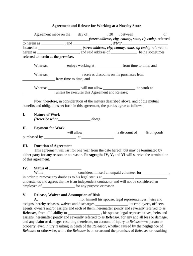 Agreement and Release for Working at a Novelty Store Self Employed  Form