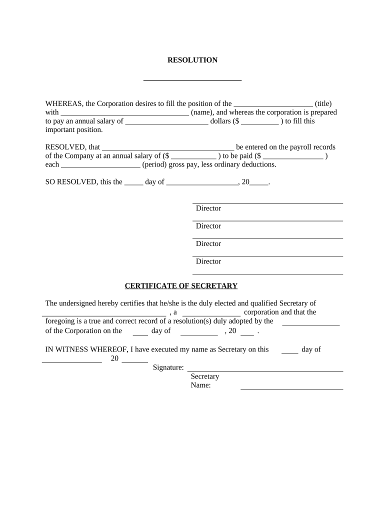Officers Salary Resolution Form Corporate Resolutions