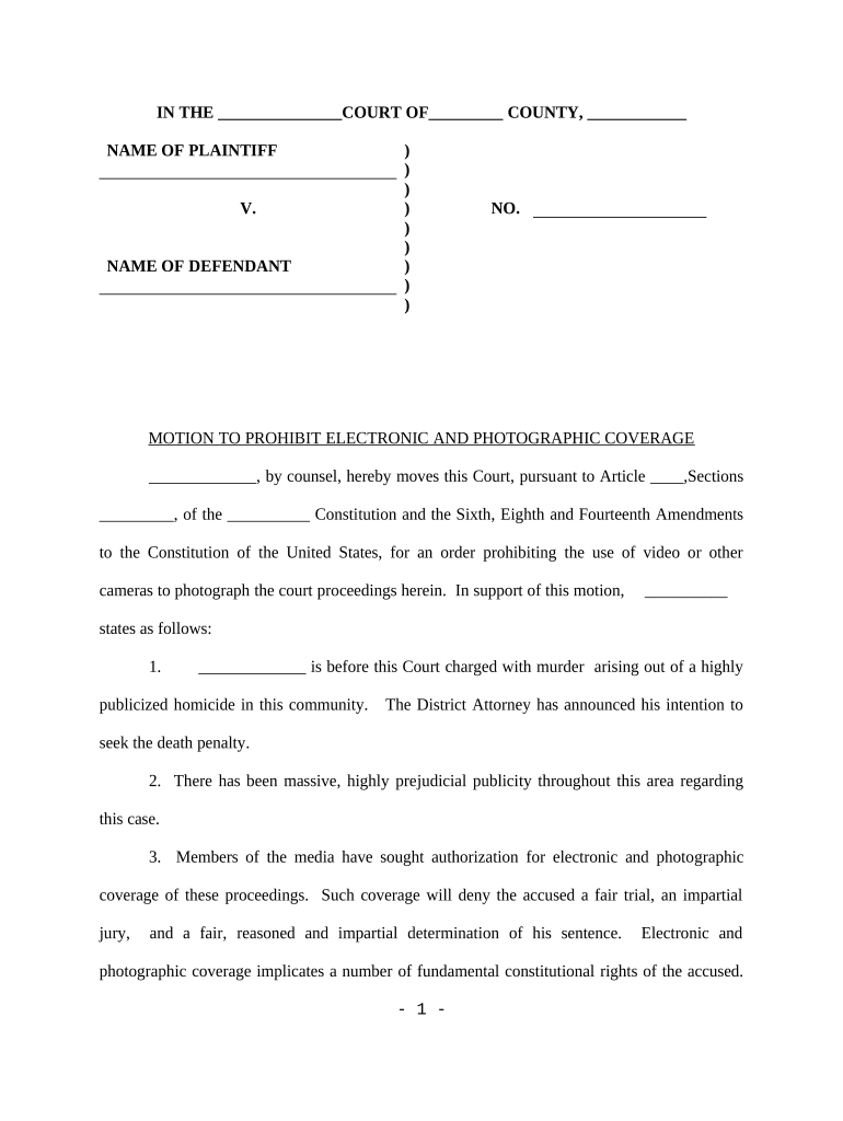 Motion to Prohibit Electronic and Photographic Coverage  Form