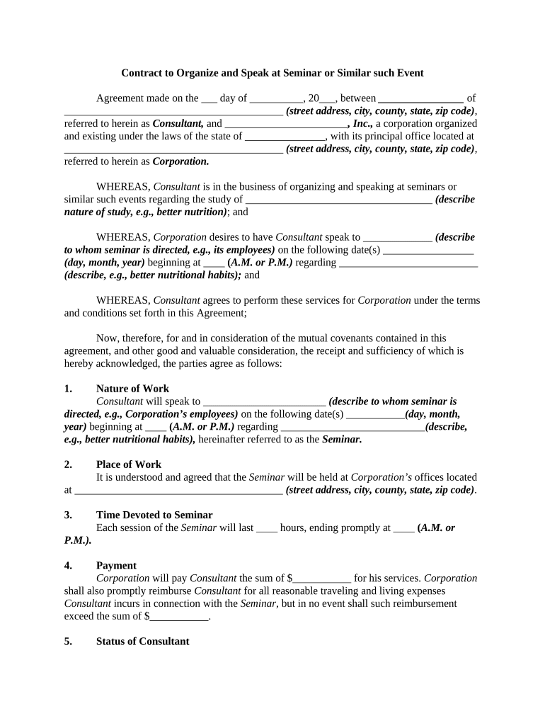 Contract to Organize and Speak at Seminar or Similar Such Event  Form