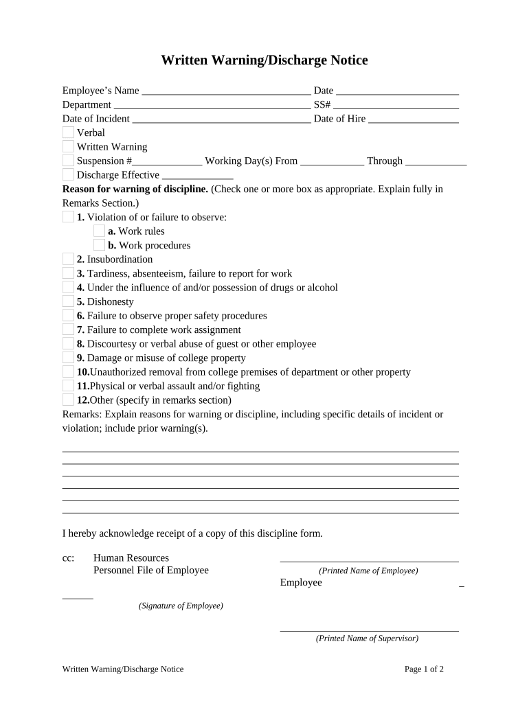 Written WarningDischarge Notice  Form